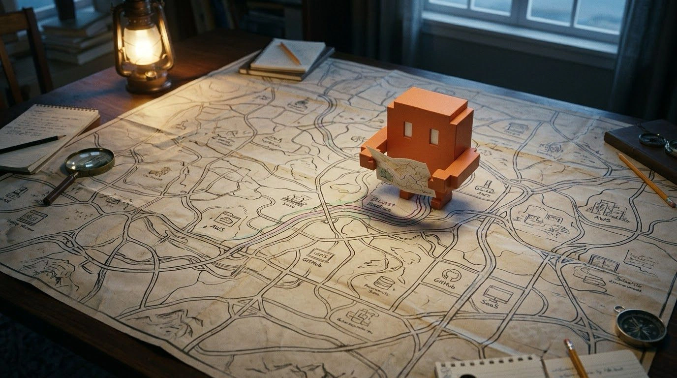 An AI agent holding a map while exploring a connected technology landscape.